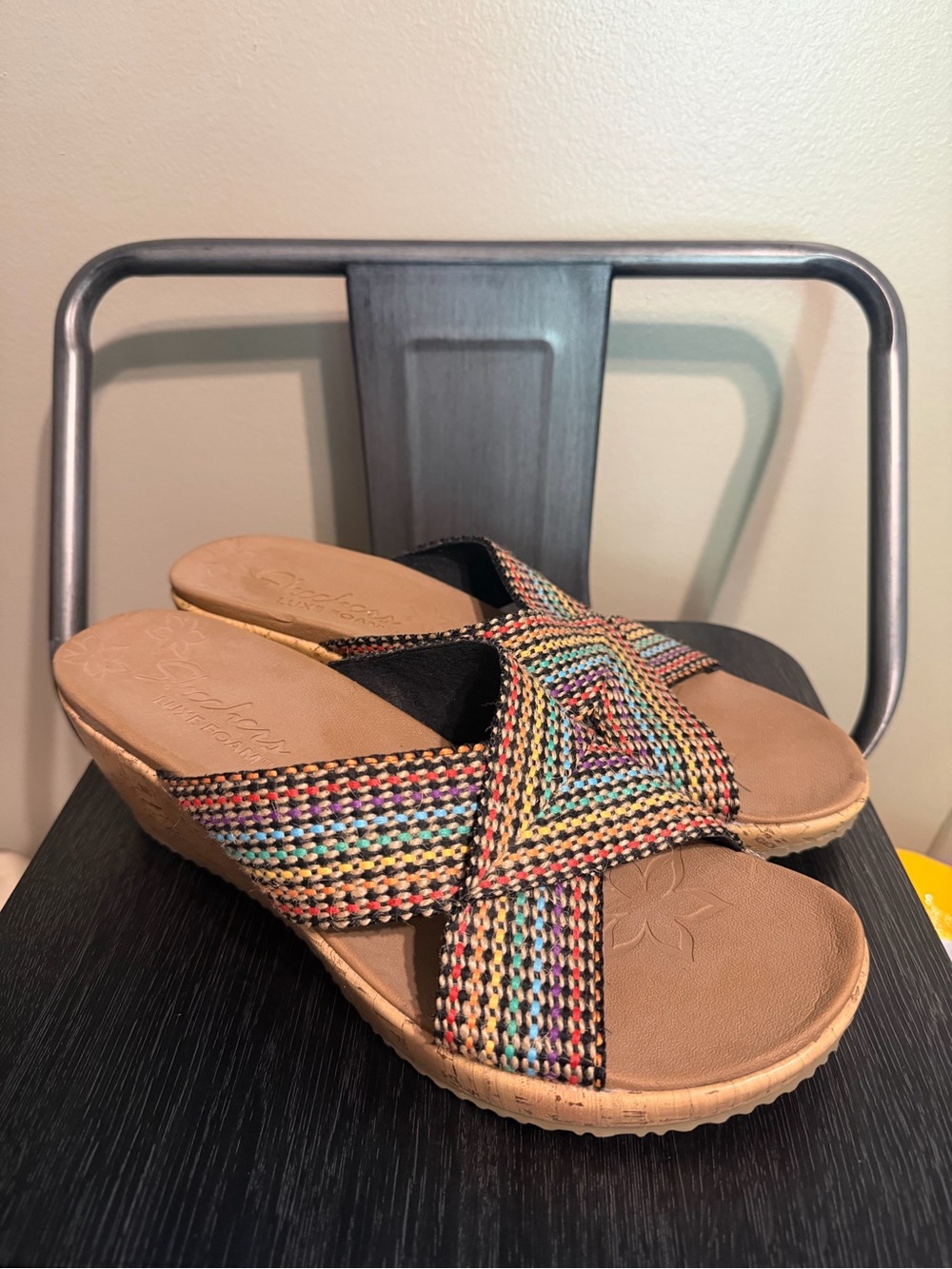 Skechers Rainbow Woven Cork Wedges Boho Y2K Sandals Sz 10